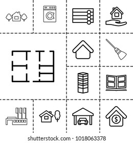 House icons. set of 13 editable outline house icons such as business centre, wooden wall, home care, photo album, garage, plan, mop, washing machine
