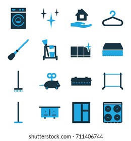 House icons set. set of 16 house bi-color icons such as barn, beehouse, mouse toy, cleaning tools, mop, broom, sponge, clean, washing machine, window, home care, clean window