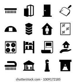 House icons. set of 16 editable filled house icons such as lighthouse, door, window, cooker, clean brush, cargo barn, building, house insurance, plan, dustpan