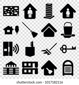 House icons. set of 16 editable filled house icons such as sponge, man in home, office room, key, home key, building, intercom, business center building, broom, mop