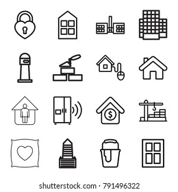 House icons. set of 16 editable outline house icons such as window, paint bucket, school, heart lock, home, house sale, construction  crane, smart home, intercom, lighthouse