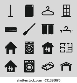 House icons set. set of 16 house filled icons such as barn, garage, door, mop, washing machine, hanger, greenohuse, family home, plan