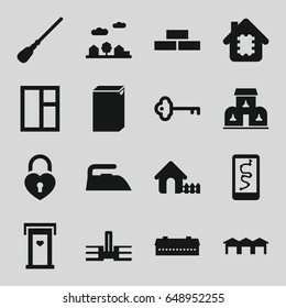 House icons set. set of 16 house filled icons such as barn, door with heart, brick wall, mop, iron, washing machine, window, heart lock, garage, city landscape, building, key