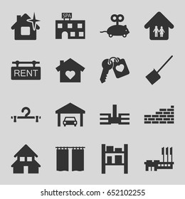 House icons set. set of 16 house filled icons such as mouse toy, spa building, dustpan, hanger, cargo barn, heart key, family home, rent tag, building, garage, curtain