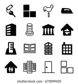 House icons set. set of 16 house filled and outline icons such as shutter blinds, building, brick wall, court, key, iron, home connection, family home, weather vane