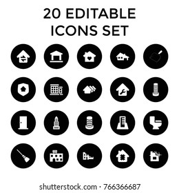 House icons. set of 20 editable filled house icons such as business center building, door, business center, spa building, toilet, home repair, home connection, home security