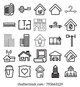 House icons. set of 25 editable outline house icons such as building, pillow with heart on it, clean window, clean brush, hanger, business center, paint bucket, key