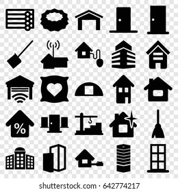 House icons set. set of 25 house filled icons such as building, business centre, building   isolated  sign symbol, garage, wooden wall, door, pillow with heart on it, broom