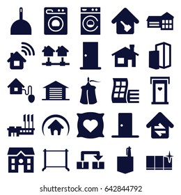 House icons set. set of 25 house filled icons such as modern curved building, door with heart, door, pillow with heart on it, dustpan, washing machine, clean window, hanger