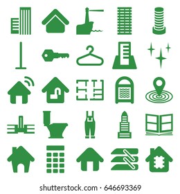 House icons set. set of 25 house filled icons such as house building, business center building, business center, mop, clean, toilet, sponge, hanger, map location
