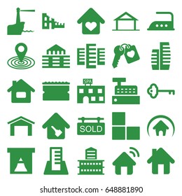 House icons set. set of 25 house filled icons such as home, garage, brick wall, building, spa building, sponge, iron, map location, heart key, home key, love home, sold tag