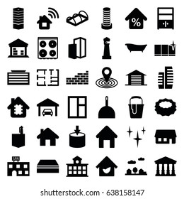 House icons set. set of 36 house filled icons such as house building, business centre, court, business center building, dustpan, sponge, clean, window, clean window, cooker