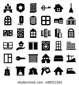 House icons set. set of 36 house filled icons such as window, building, business center building, door, business center, tent, toy tower, broom, sponge, iron, washing machine