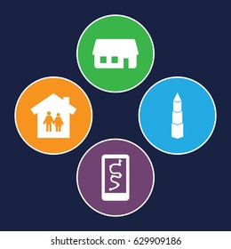 House icons set. set of 4 house filled icons such as building