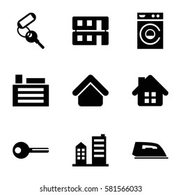 house icons set. Set of 9 house filled icons such as house building, key, iron, washing machine, building