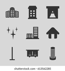 House icons set. set of 9 house filled icons such as beehouse, building, building   isolated  sign symbol, business center building, mop, clean, home