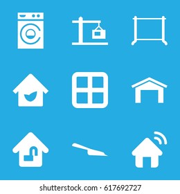 House icons set. set of 9 house filled icons such as window, garage, dustpan, washing machine, hanger, home lock