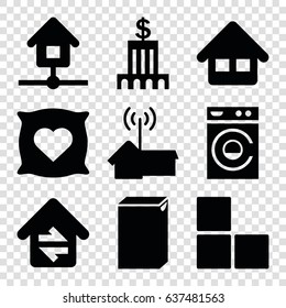 House icons set. set of 9 house filled icons such as brick wall, pillow with heart on it, washing machine, home, home connection, home signal
