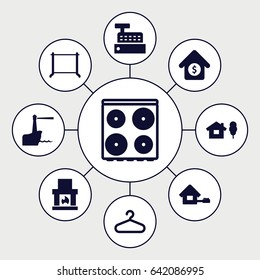 House icons set. set of 9 house filled icons such as cooker, hanger, house sale, home, building