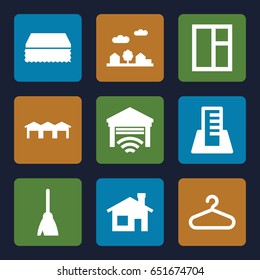 House icons set. set of 9 house filled icons such as house building, broom, sponge, window, hanger, building, garage