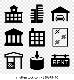 House icons set. set of 9 house filled icons such as building, window, gazebo, rent tag, court building, garage