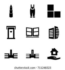 House icons set. set of 9 house filled icons such as door with heart, brick wall, home care, business center, gardener jumpsuit, photo album, building