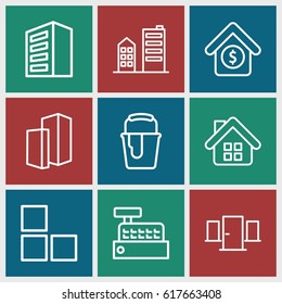 House icons set. set of 9 house outline icons such as building, brick wall, paint bucket, house sale, door