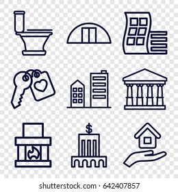 House icons set. set of 9 house outline icons such as modern curved building, court, toilet, cargo barn, heart key, building, house insurance, bank