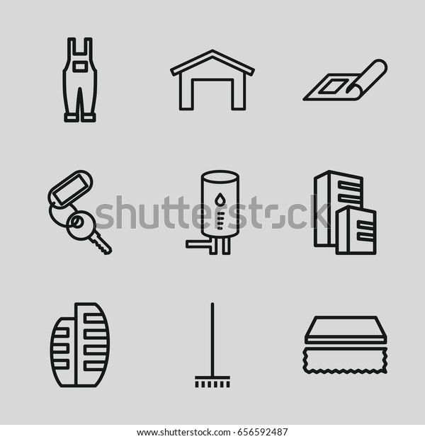 House icons set. set of 9 house outline icons\
such as plan, garage, building, key, broom, sponge, gardener\
jumpsuit, builidng