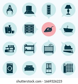 Iconos de la casa con buffet, tocador, lavadora y otros elementos de la bañera. Iconos aislados de la casa de ilustraciones vectoriales.