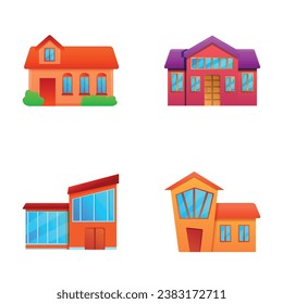 Häusliche Symbole setzen Cartoon-Vektorgrafik. Verschiedenes Wohngebäude. Architektur, Bauwesen