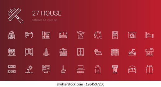 House Icons Set. Collection Of House With Architecture, Room, Cupboard, Broom, Real Estate, Drought, Bench, Iron, Closet, Fire Station, Building. Editable And Scalable House Icons.