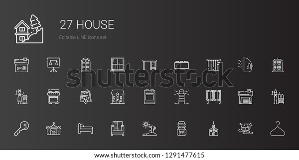 house\
icons set. Collection of house with church, water tank, drought,\
sofa, bed, castle, key, room divider, lighthouse, oven, school,\
street map. Editable and scalable house\
icons.
