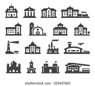 house icons set. collection elements fortress, farm, college, bus station, railway station, airport, fortress, church, factory, bank, mansion, hotel, barn, construction, real estate