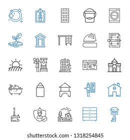 house icons set. Collection of house with key, chest of drawers, earthquake, insurance, wiping, home, thermostat, bricks, feeder, bathtub, castle. Editable and scalable house icons.