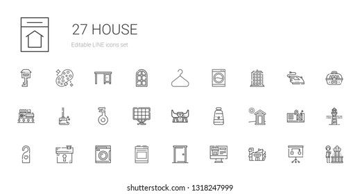 house icons set. Collection of house with mall, real estate, door, oven, washing machine, doorknob, cabin, oil paint, furniture, solar panel. Editable and scalable house icons.