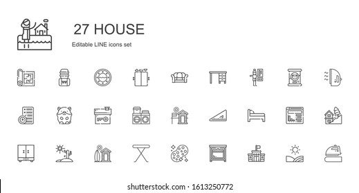 house icons set. Collection of house with school, oven, sponge, iron table, cabin, drought, closet, bed, set square, washing machine, hamster. Editable and scalable house icons.