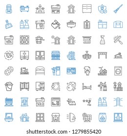 house icons set. Collection of house with window, pet food, solar panel, iron, school, dog house, sink, lighthouse, window cleaner, rating. Editable and scalable house icons.