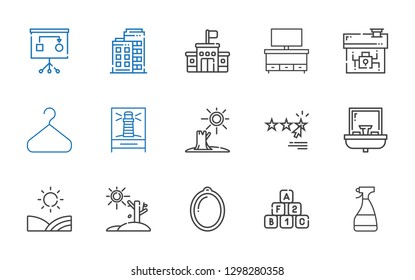 house icons set. Collection of house with window cleaner, bricks, window, drought, field, sink, rating, lighthouse, hanger, cupboard, school. Editable and scalable house icons.