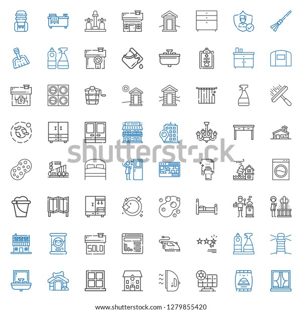 house icons set.\
Collection of house with window, pet food, solar panel, iron,\
school, dog house, sink, lighthouse, window cleaner, rating.\
Editable and scalable house\
icons.