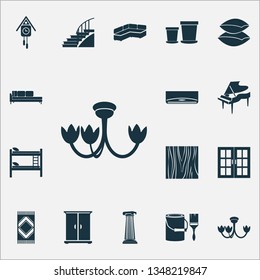 House icons set with corner sofa, double decker bed, stairs and other mat elements. Isolated vector illustration house icons.