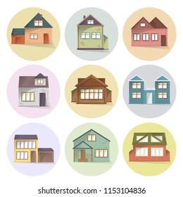 House icons set, different type of houses, building facades, semi flat style with shadows, vector