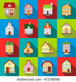 House icons set in flat style. Private residential architectureset collection vector illustration