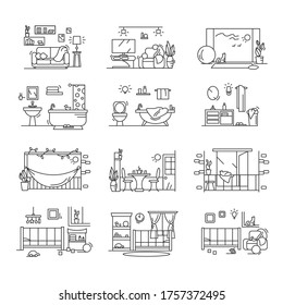 Juego de iconos de la casa. Línea de pictogramas de la moderna y cómoda habitación para niños, vivero, cocina, baño, balcón y sala de estar. Concepto de diseño interior y estilos de vida. Vector de trazo editable