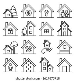 House Icons Set on White Background. Line Style Vector