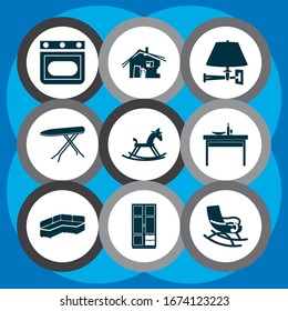 House icons set with rocking horse, old hut, oven and other settee elements. Isolated vector illustration house icons.