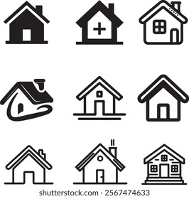 House icons set in silhouette vector EPS, ideal for real estate, construction, and home design projects. High-quality, versatile, and easy to customize.