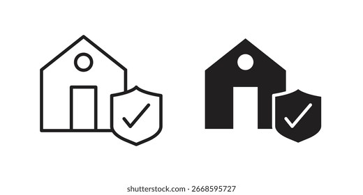 Ícones da casa com escudo e marca de verificação, isolado no fundo branco