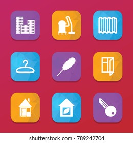 House icons. vector collection filled house icons set.. includes symbols such as vacuum cleaner, dust brush, building, roof, window, key. use for web, mobile and ui design.