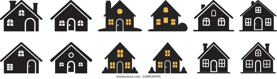 House Icons Vector Set, Black Silhouette Home Collection Isolated on White